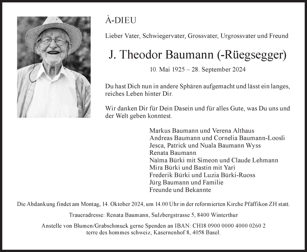  Traueranzeige für J. Theodor Baumann vom 05.10.2024 aus AvU