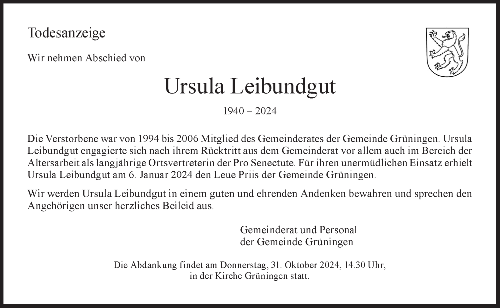  Traueranzeige für Ursula Leibundgut vom 28.10.2024 aus AvU