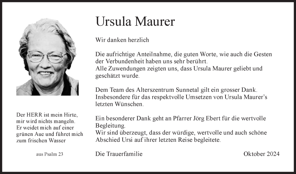  Traueranzeige für Ursula Maurer vom 30.10.2024 aus AvU