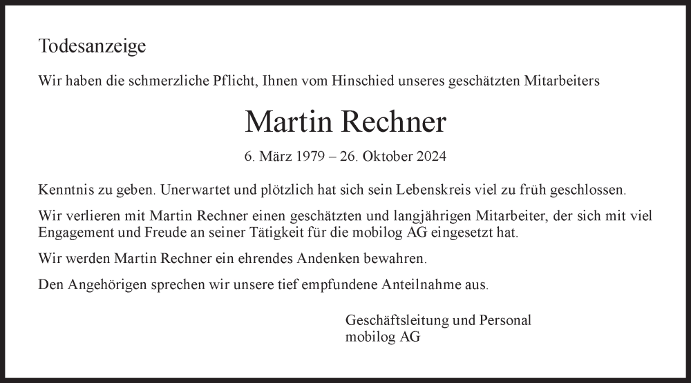  Traueranzeige für Martin Rechner vom 06.11.2024 aus AvU