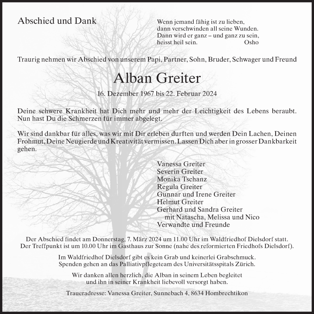  Traueranzeige für Alban Greiter vom 28.02.2024 aus AvU