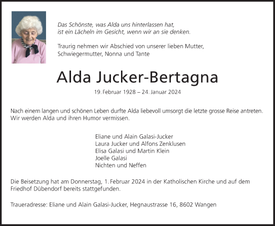 Traueranzeige von Alda Jucker-Bertagna von VO solo