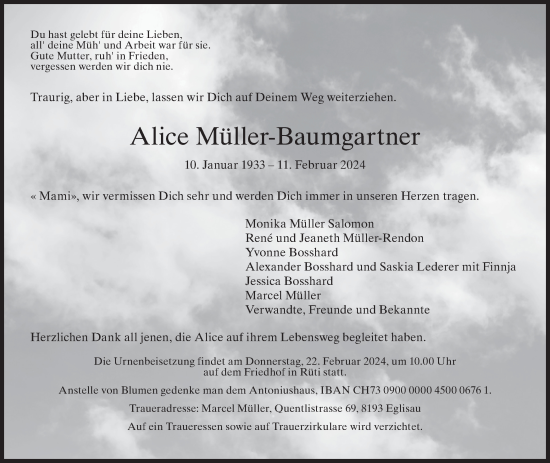 Traueranzeige von Alice Müller-Baumgartner von AvU