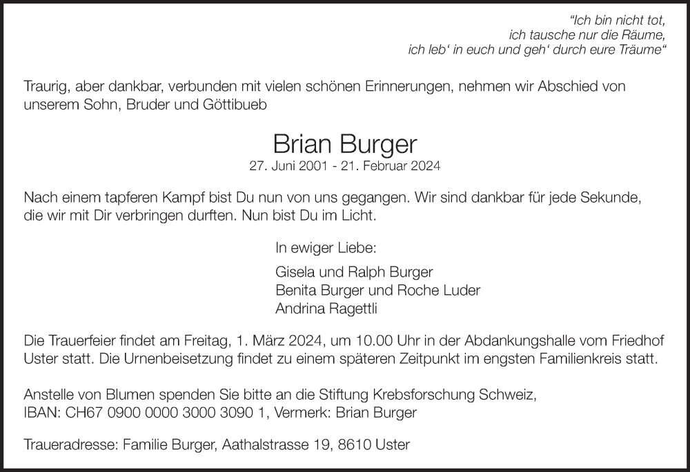  Traueranzeige für Brian Burger vom 28.02.2024 aus AvU