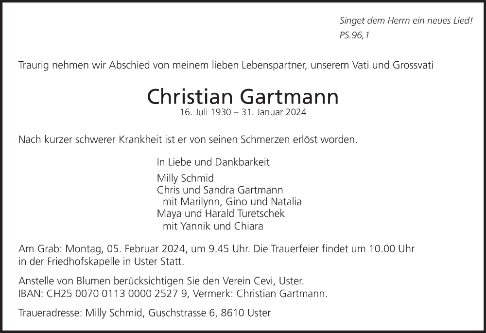  Traueranzeige für Christian Gartmann vom 02.02.2024 aus AvU