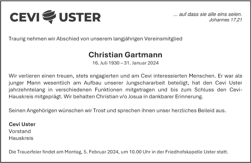  Traueranzeige für Christian Gartmann vom 03.02.2024 aus AvU