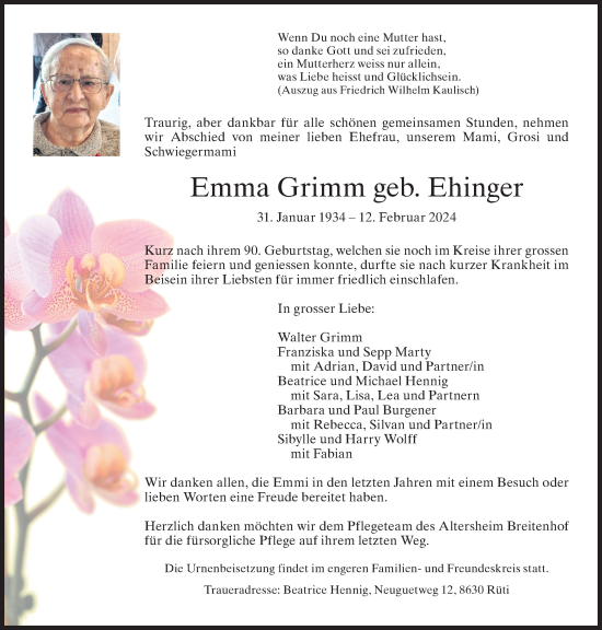 Traueranzeige von Emma Grimm von AvU