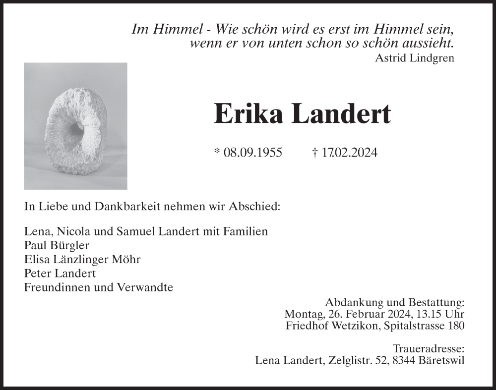  Traueranzeige für Erika Landert vom 22.02.2024 aus AvU