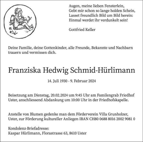 Traueranzeige von Franziska  Schmid-Hürlimann von AvU