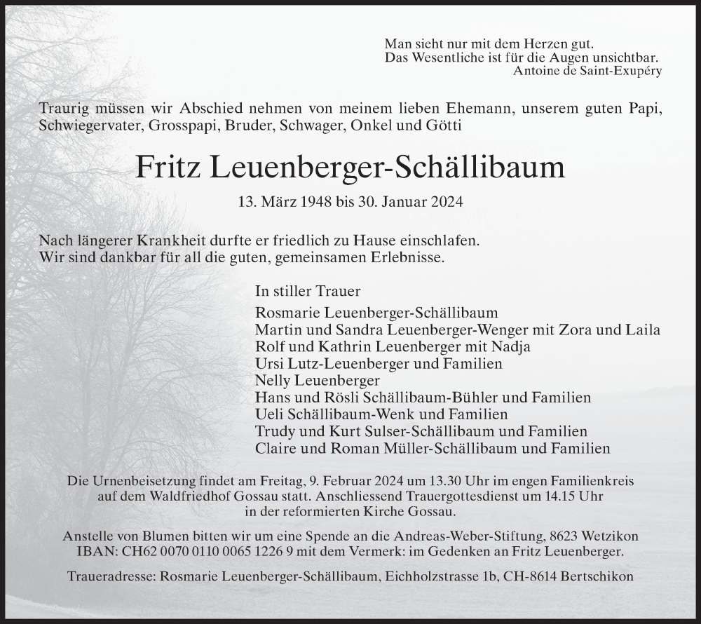  Traueranzeige für Fritz Leuenberger-Schällibaum vom 03.02.2024 aus AvU