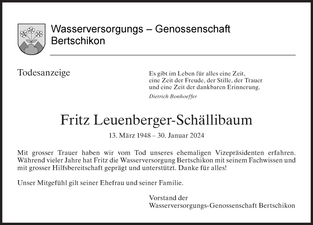  Traueranzeige für Fritz Leuenberger-Schällibaum vom 07.02.2024 aus AvU