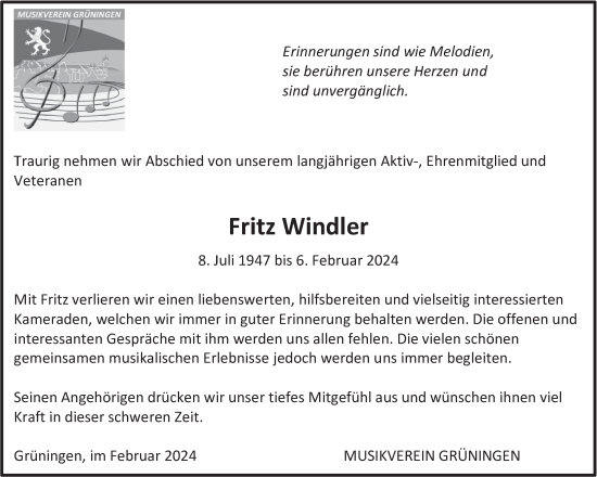 Traueranzeige von Fritz Windler von AvU