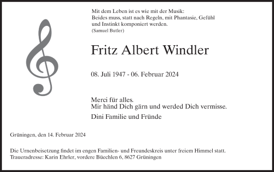 Traueranzeige von Fritz Albert Windler von AvU