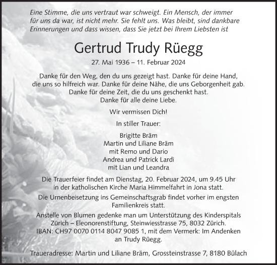 Traueranzeige von Gertrud Trudy Rüegg von AvU