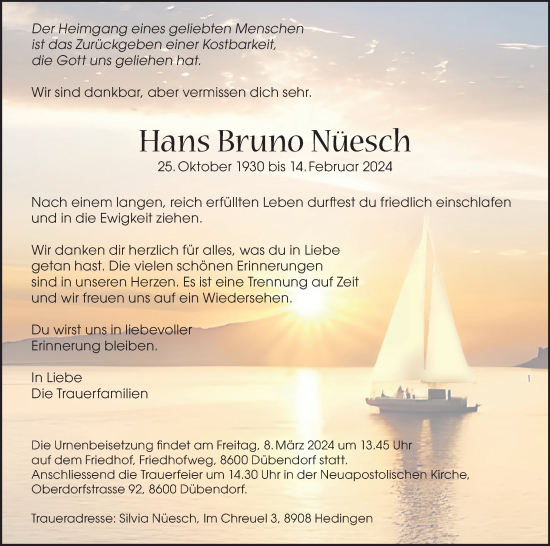 Traueranzeige von Hans Bruno Nüesch von VO solo
