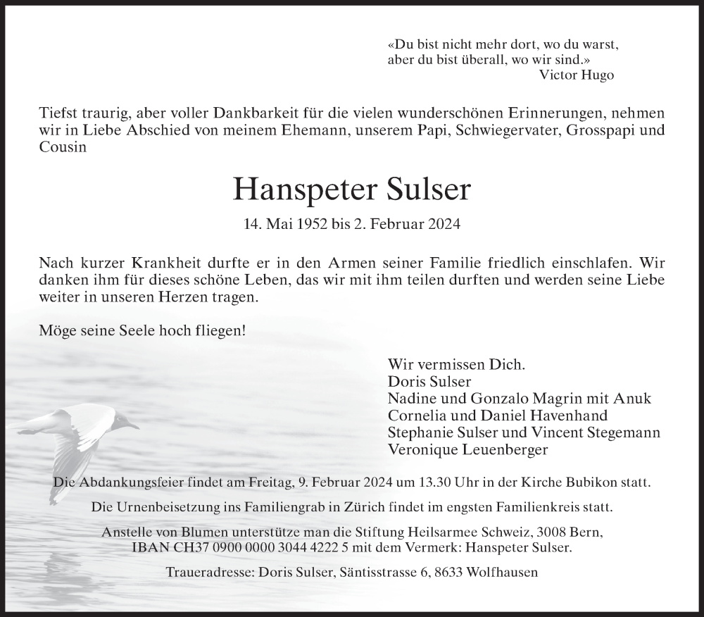  Traueranzeige für Hanspeter Sulser vom 07.02.2024 aus AvU
