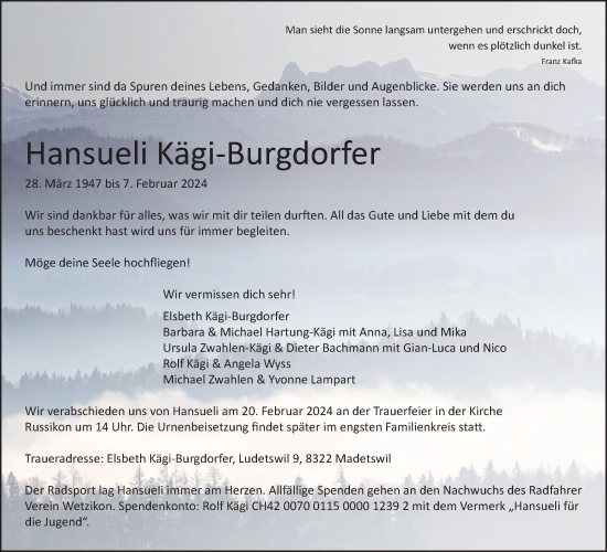 Traueranzeige von Hansueli Kägi-Burgdorfer von AvU