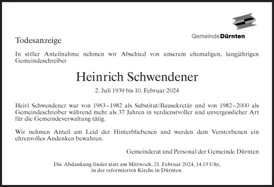 Traueranzeige von Heinrich Schwendener von AvU