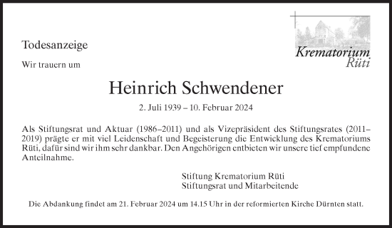 Traueranzeige von Heinrich Schwendener von AvU