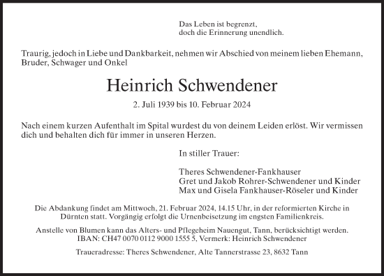 Traueranzeige von Heinrich Schwendener von AvU