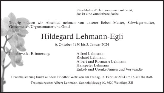 Traueranzeige von Hildegard Lehmann-Egli von AvU