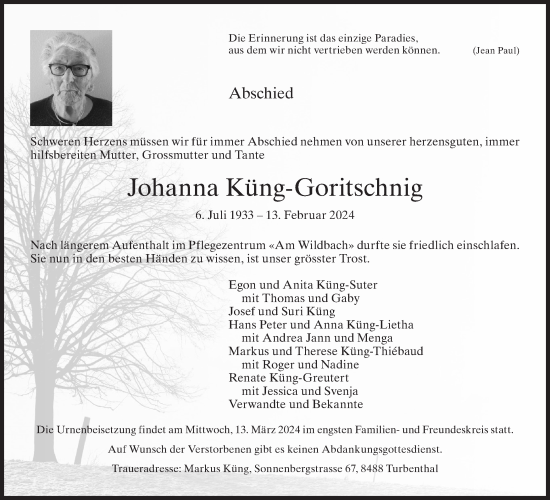 Traueranzeige von Johanna Küng-Goritschnig von AvU