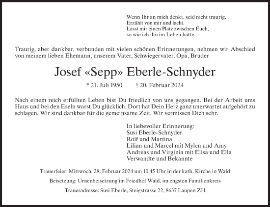 Traueranzeige von Josef Eberle-Schnyder von AvU