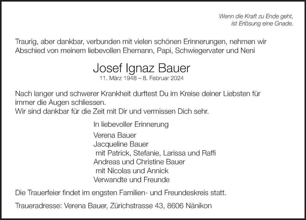  Traueranzeige für Josef Ignaz Bauer vom 14.02.2024 aus AvU