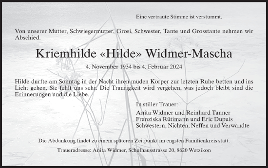 Traueranzeige von Kriemhilde Widmer-Mascha von AvU