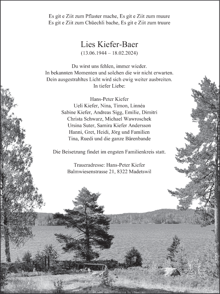  Traueranzeige für Lies Kiefer-Baer vom 21.02.2024 aus AvU