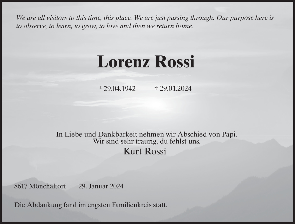  Traueranzeige für Lorenz Rossi vom 06.02.2024 aus AvU
