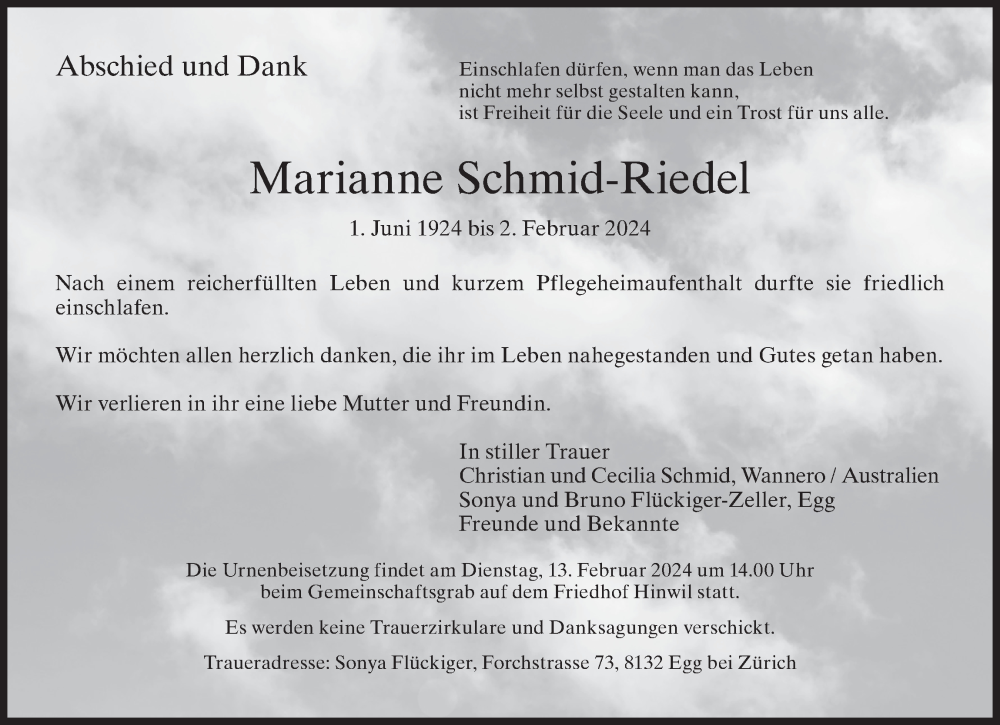  Traueranzeige für Marianne Schmid-Riedel vom 07.02.2024 aus AvU
