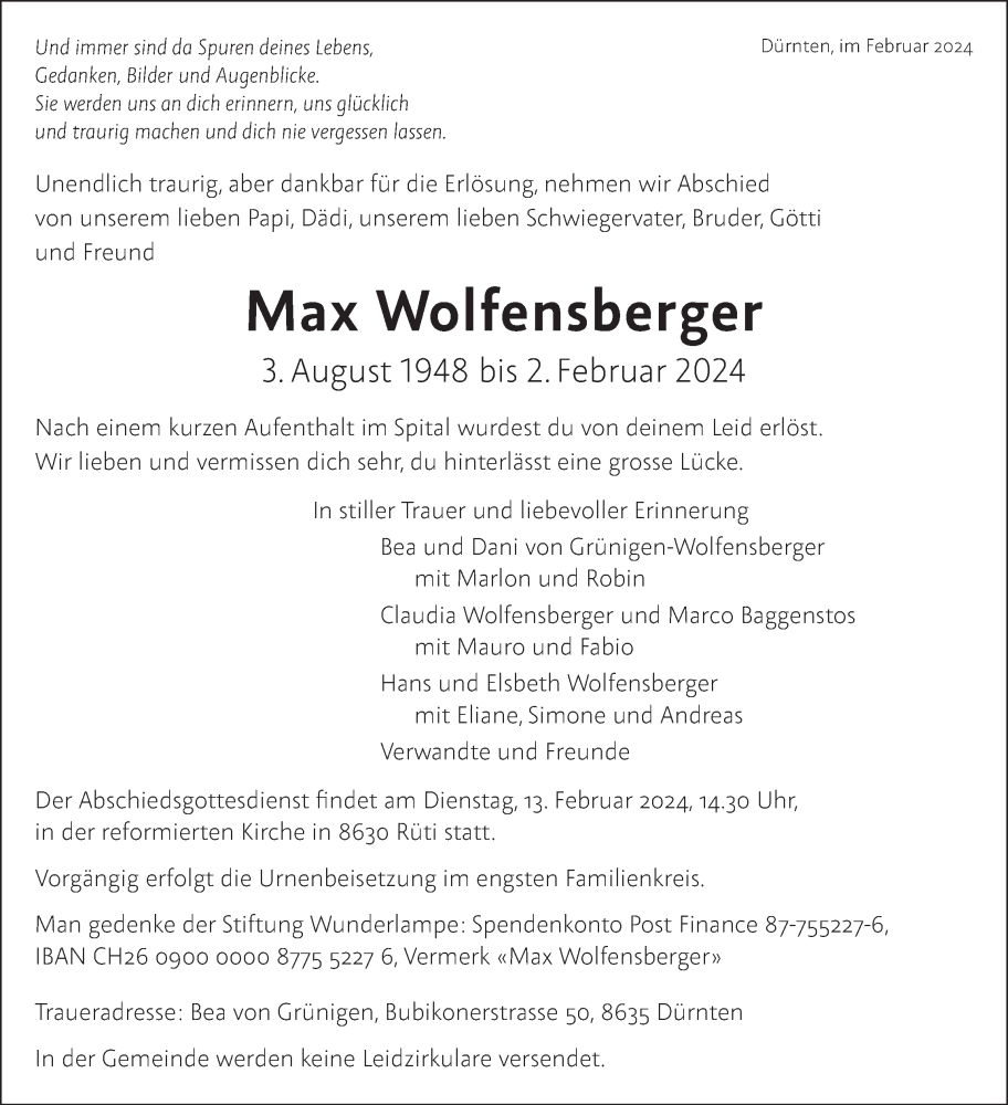  Traueranzeige für Max Wolfensberger vom 07.02.2024 aus AvU