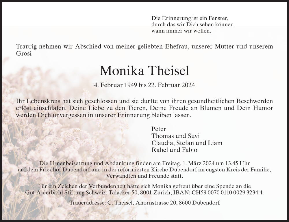  Traueranzeige für Monika Theisel vom 01.03.2024 aus VO solo