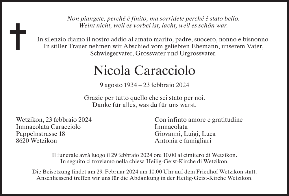  Traueranzeige für Nicola Caracciolo vom 27.02.2024 aus AvU