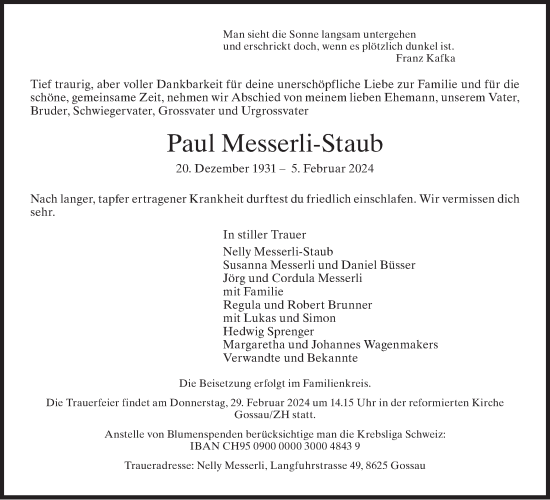 Traueranzeige von Paul Messerli-Staub von AvU