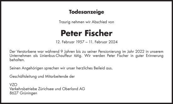 Traueranzeige von Peter Fischer von AvU