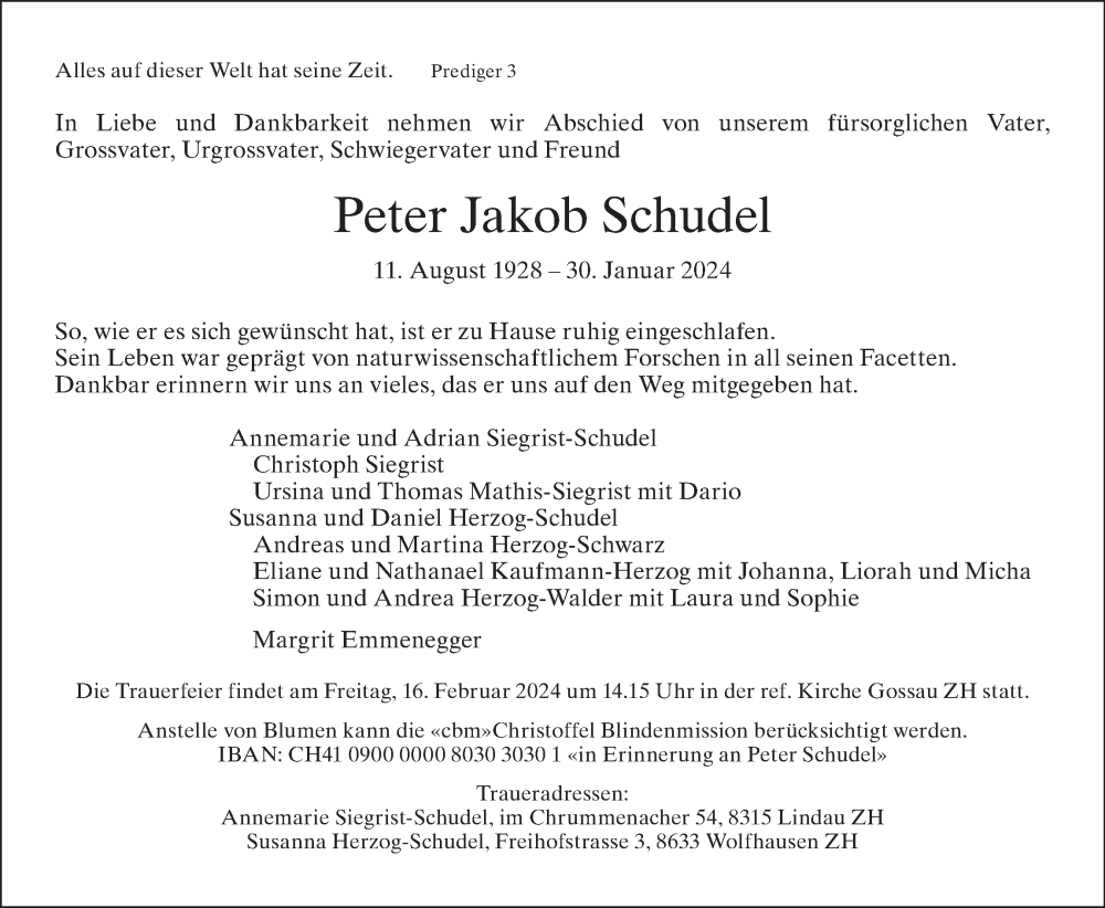  Traueranzeige für Peter Jakob Schudel vom 07.02.2024 aus AvU