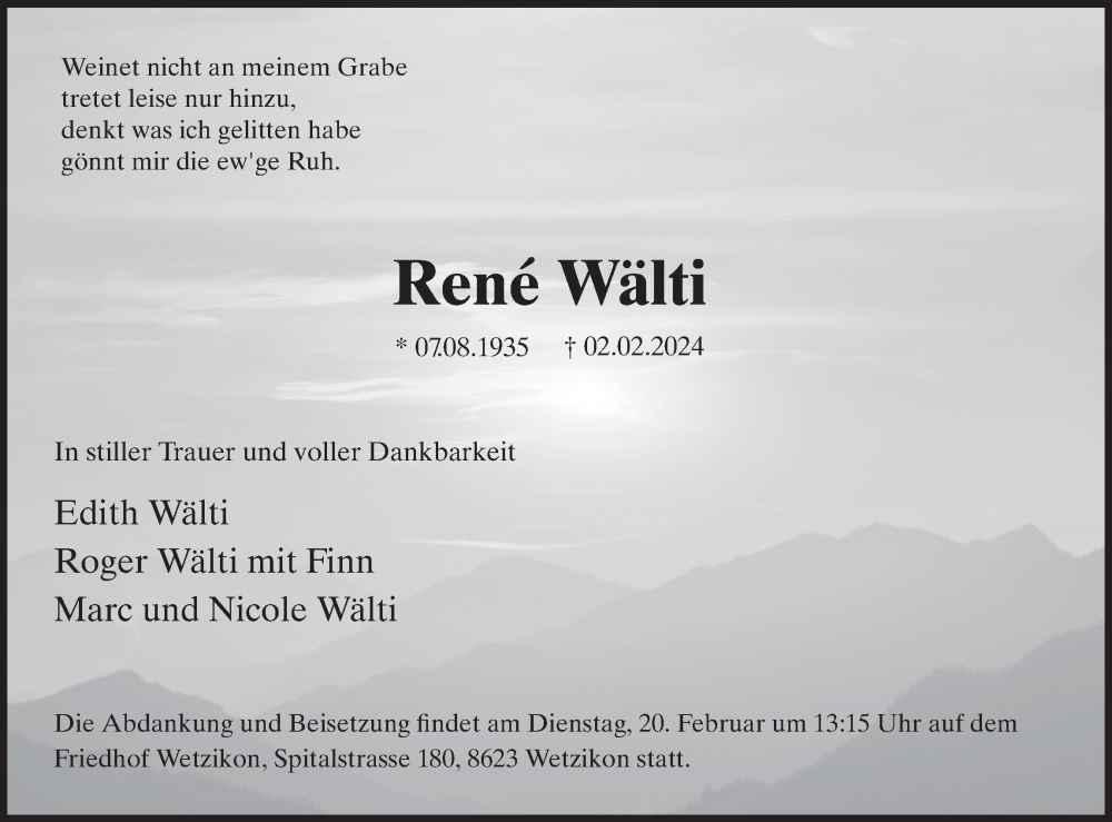  Traueranzeige für René Wälti vom 08.02.2024 aus AvU