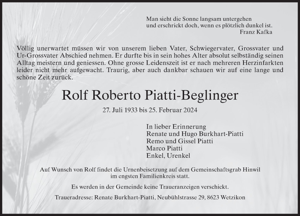  Traueranzeige für Rolf Roberto Piatti-Beglinger vom 28.02.2024 aus AvU