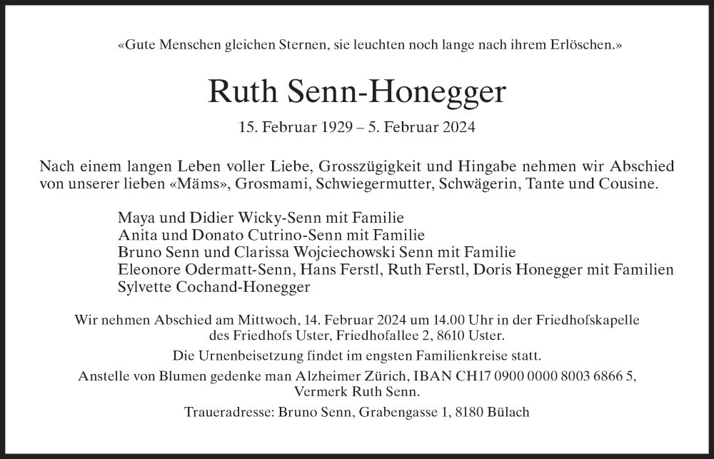  Traueranzeige für Ruth Senn-Honegger vom 10.02.2024 aus AvU