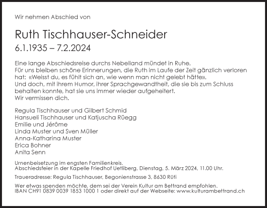 Traueranzeige von Ruth Tischhauser-Schneider von AvU