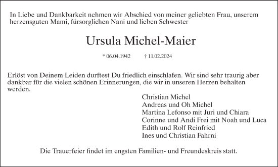 Traueranzeige von Ursula Michel-Maier von AvU