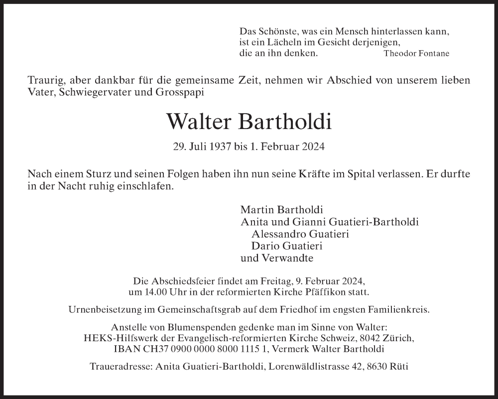  Traueranzeige für Walter Bartholdi vom 07.02.2024 aus AvU