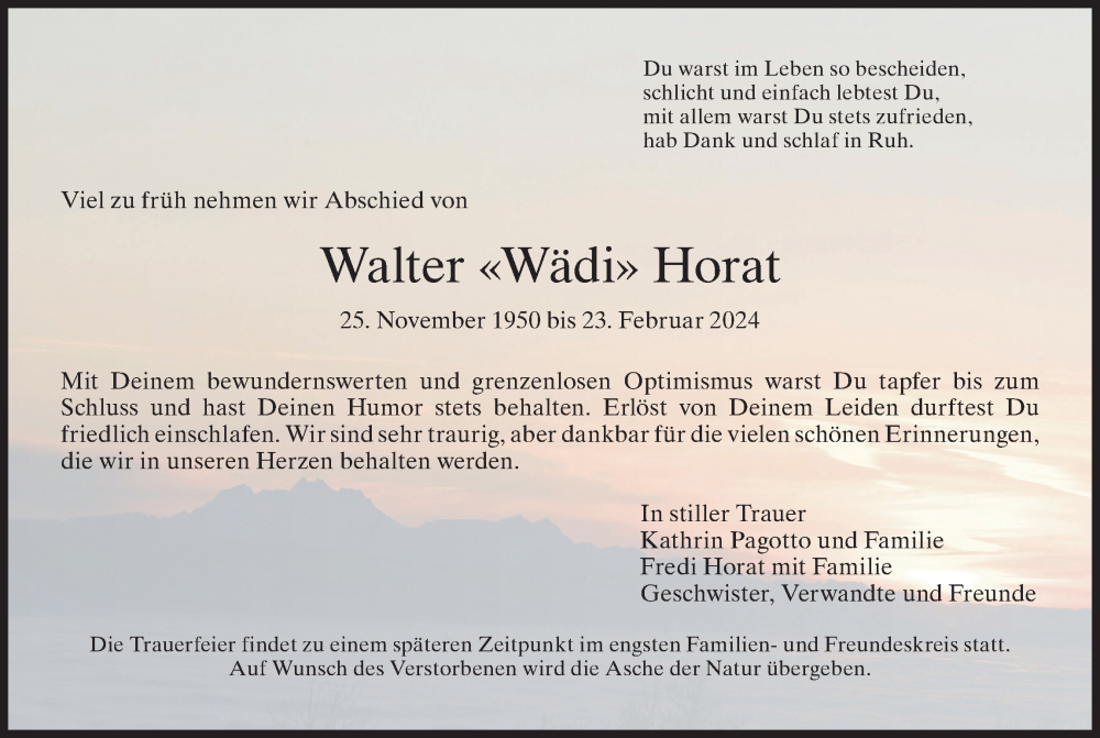  Traueranzeige für Walter Horat vom 28.02.2024 aus AvU