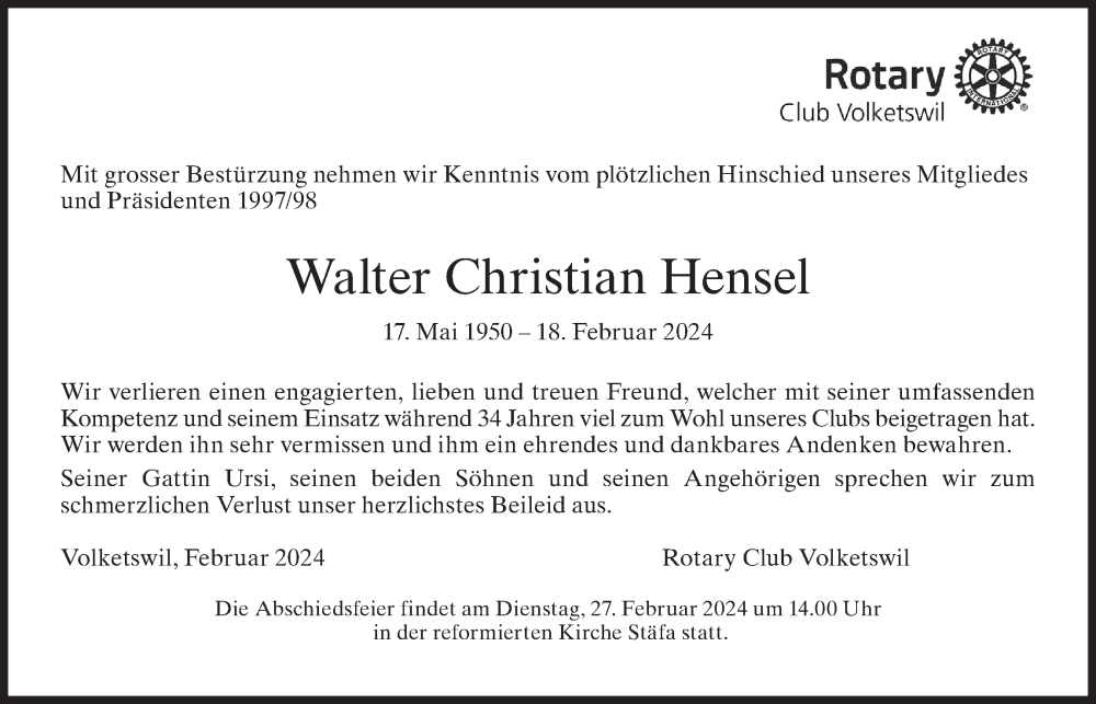  Traueranzeige für Walter Christian Hensel vom 24.02.2024 aus AvU