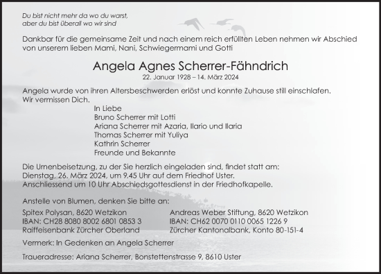 Traueranzeige von Angela Agnes Scherrer-Fähndrich von AvU