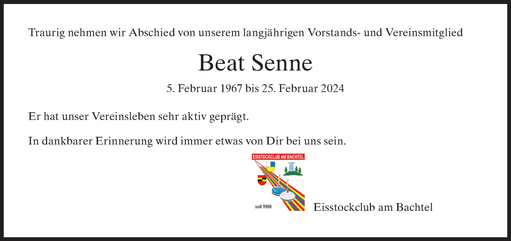  Traueranzeige für Beat Senne vom 06.03.2024 aus AvU