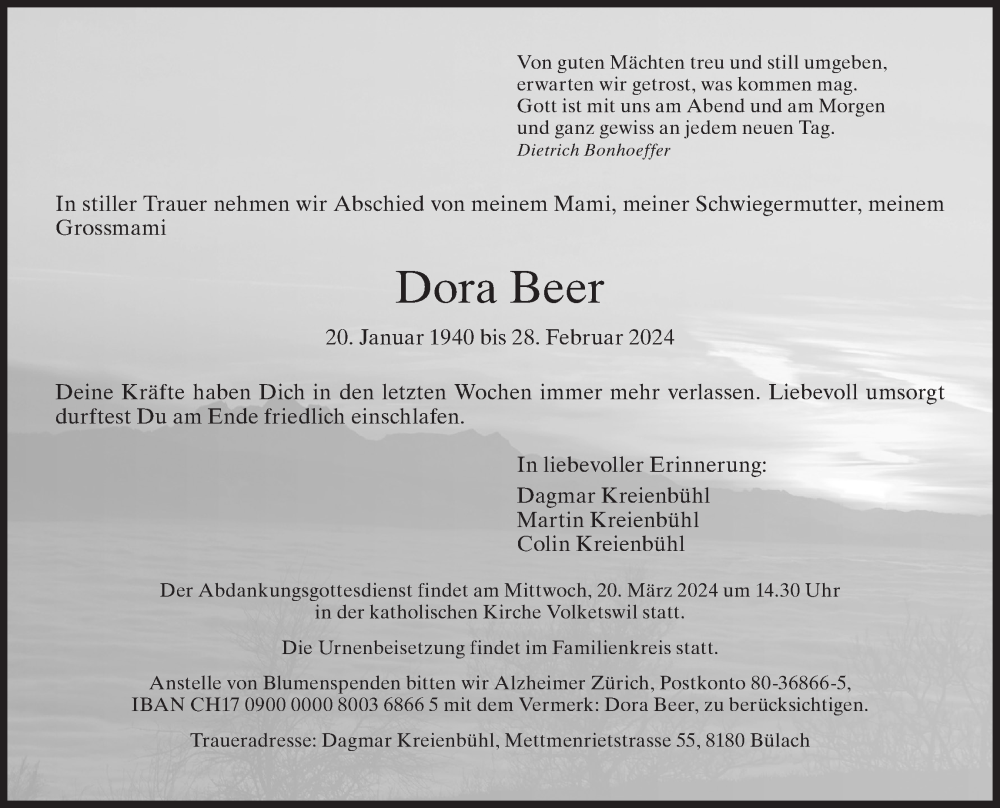  Traueranzeige für Dora Beer vom 06.03.2024 aus AvU