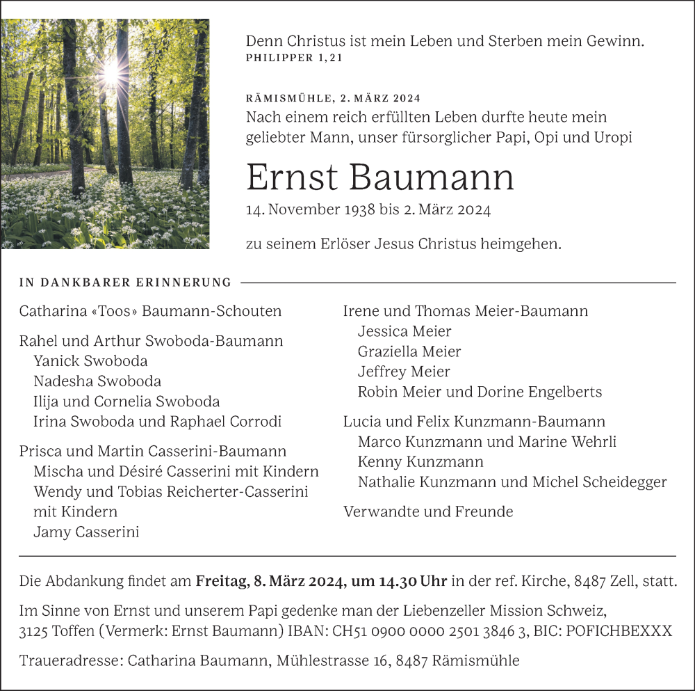  Traueranzeige für Ernst Baumann vom 06.03.2024 aus AvU